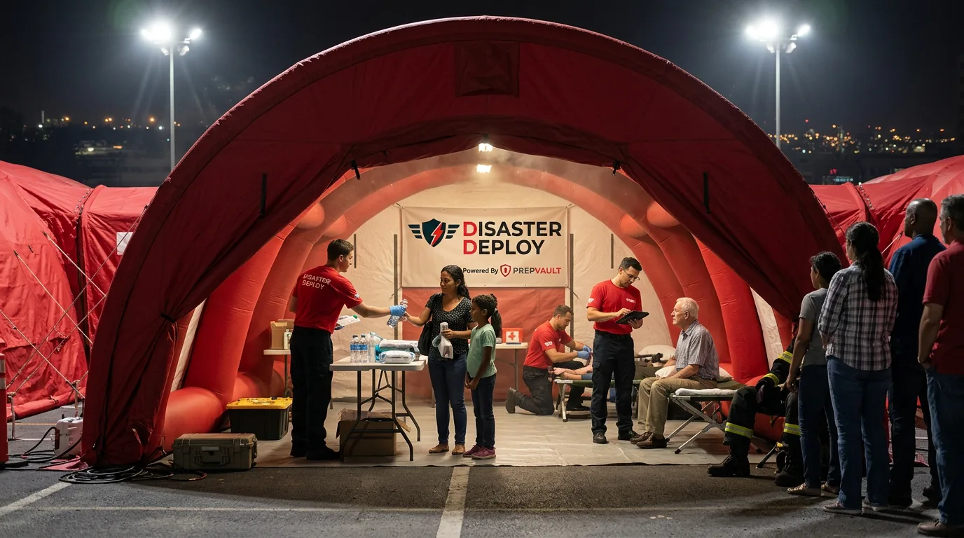 PrepVault relief operations helping families inside an active DisasterDeploy support tent