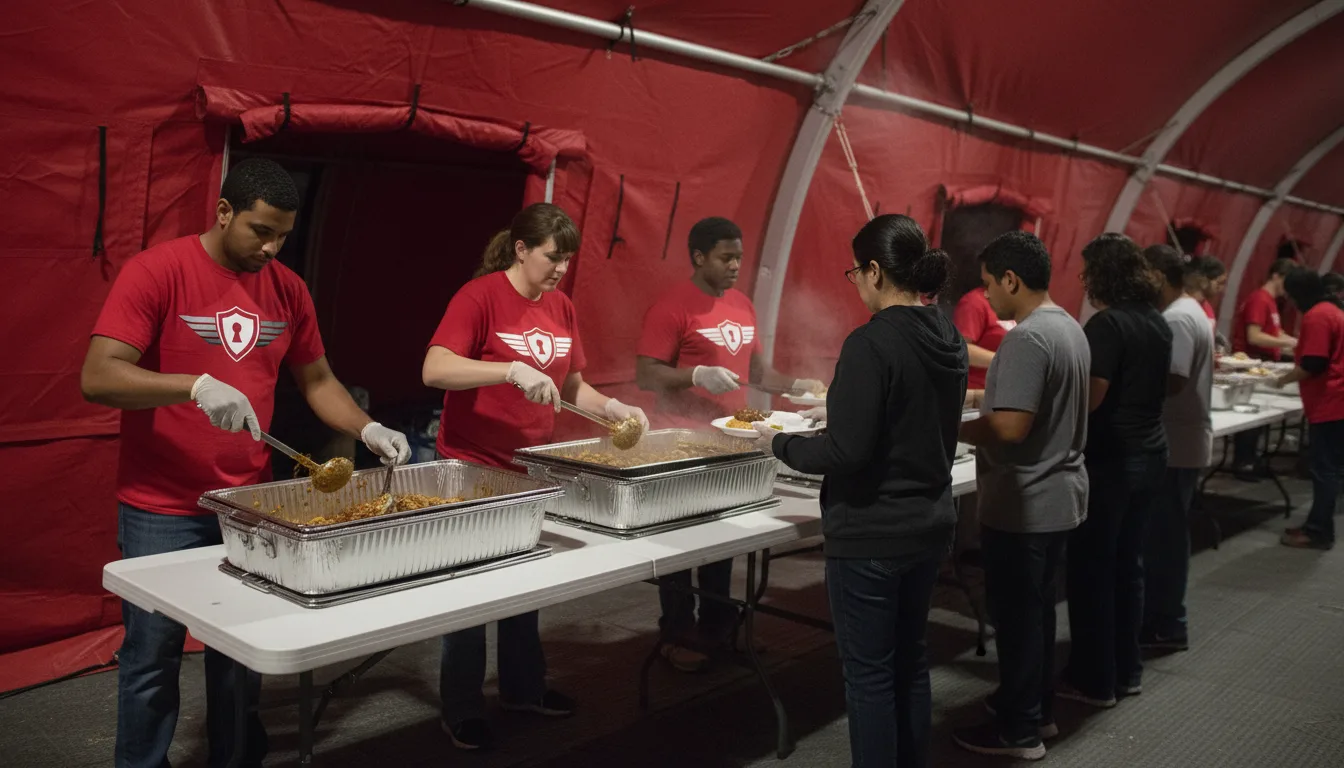 PrepVault response workers helping community members inside a support tent
