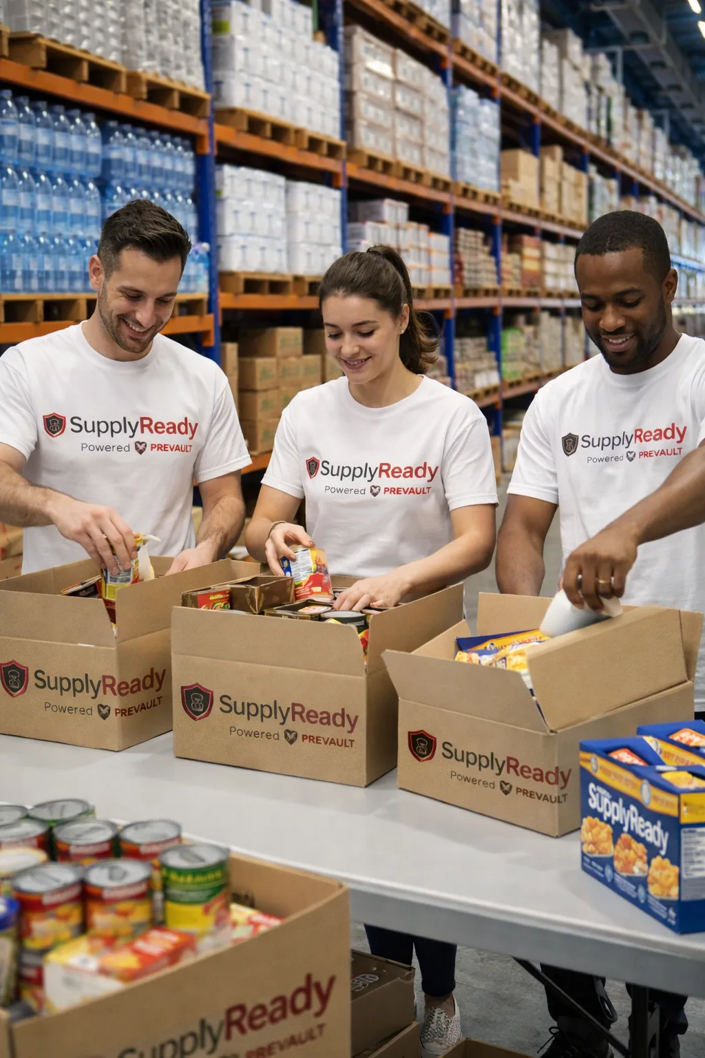SupplyReady workers packing food and household essentials in a stocked warehouse