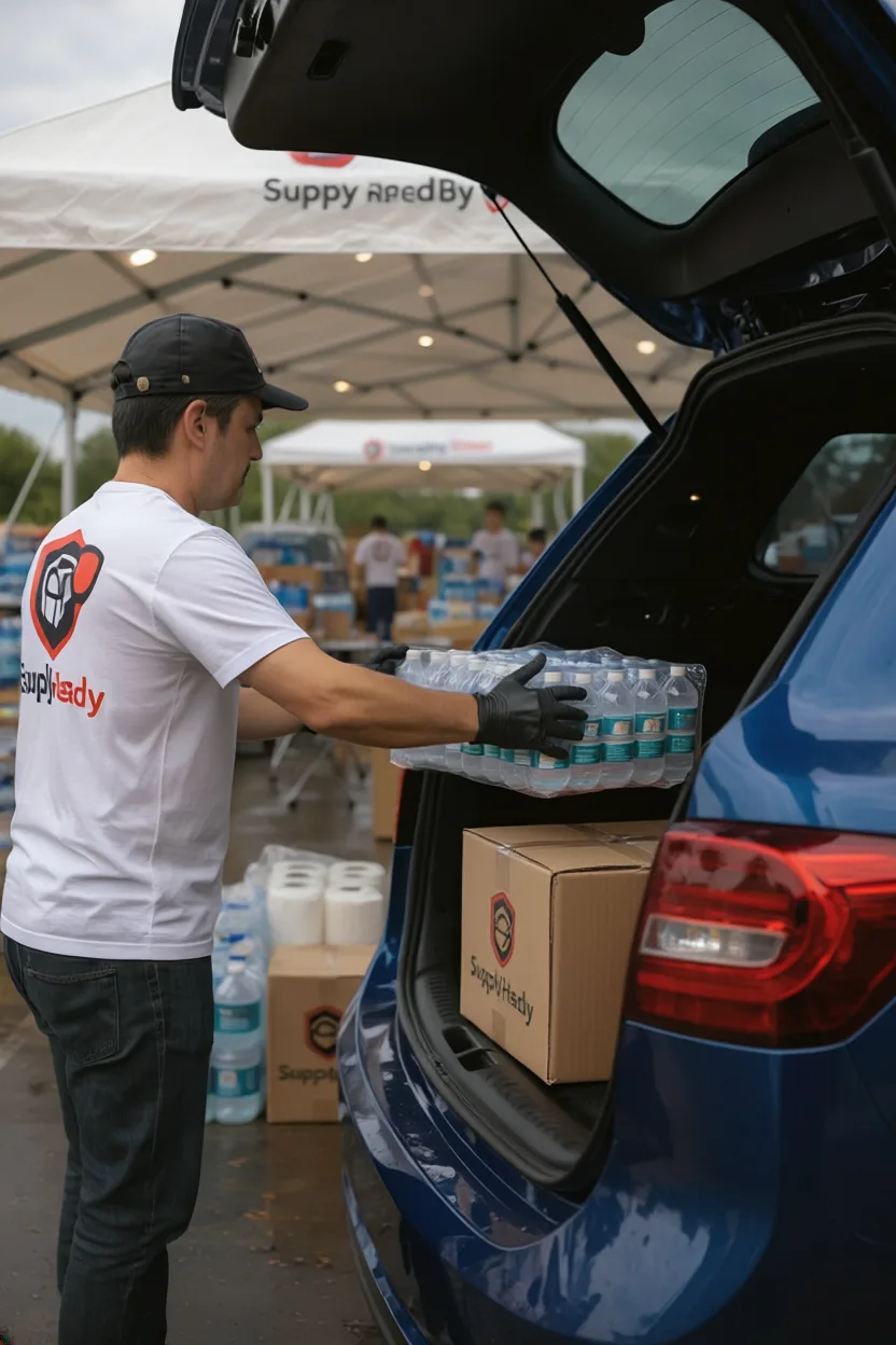 SupplyReady worker loading water and prepared essentials into a member vehicle