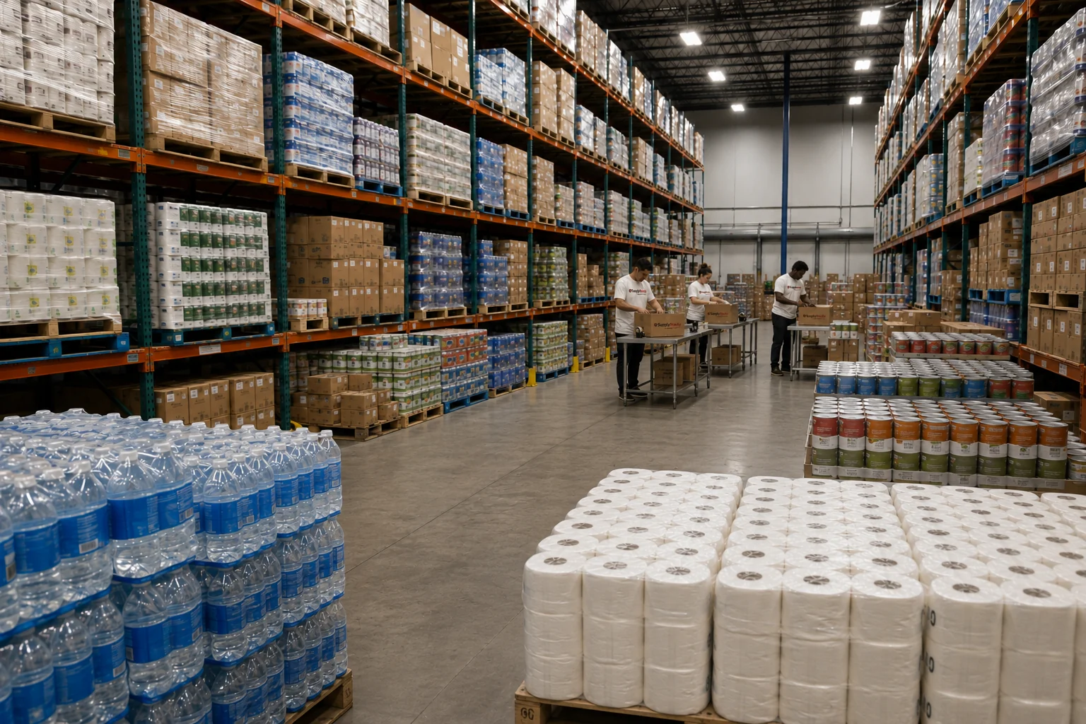 Illustrative SupplyReady warehouse with stocked shelves and staff packing household essentials
