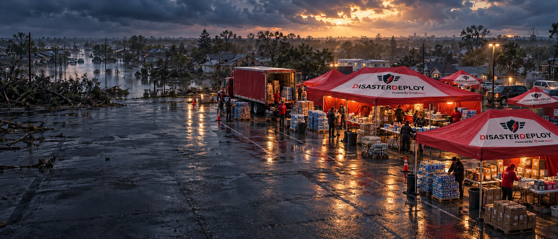 Illustrative DisasterDeploy support hub with branded tents after a storm