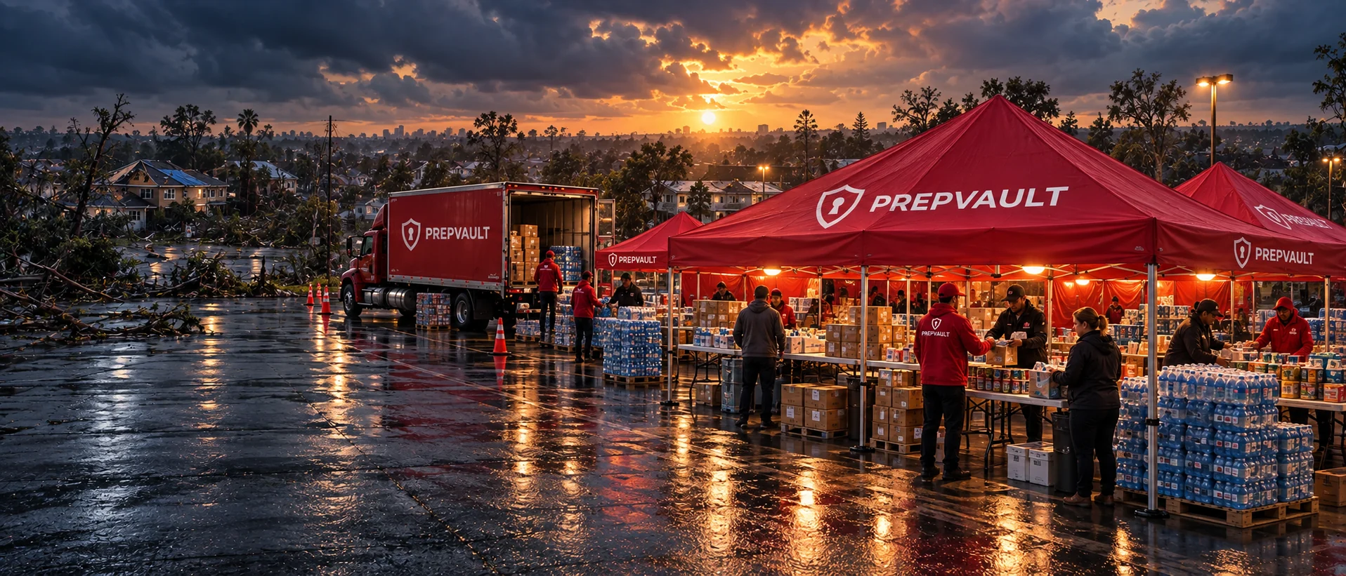 Illustrative PrepVault support hub with branded red tents after a storm